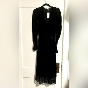 NWT Ulla Johnson Lena Belted Long Sleeve Velvet Black Dress